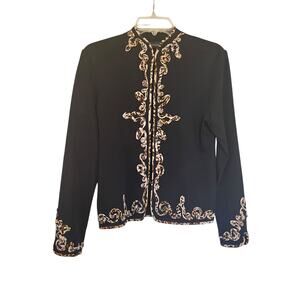 Ming Wang Black Leopard Print Embellished Cardigan Sweater Jacket Size Small